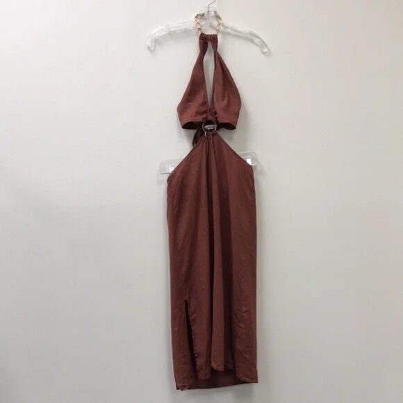 WEWOREWHAT Shell Chain Halter Midi Dress in Cappuccino - Picture 4 of 6